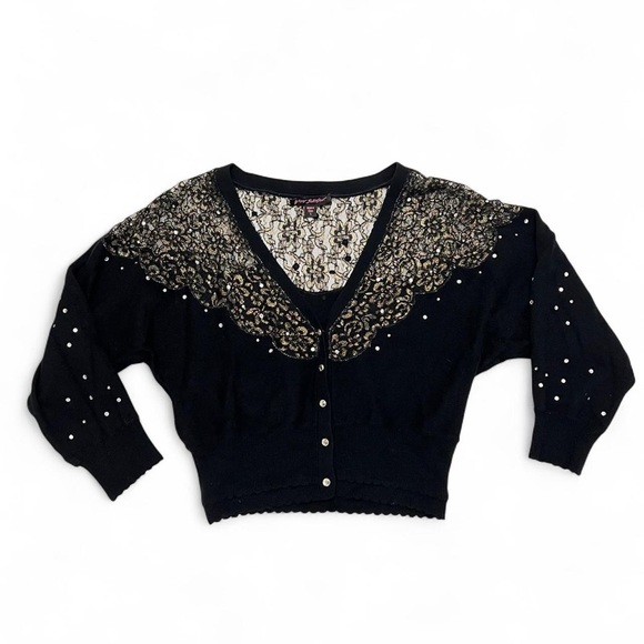Betsey Johnson Sweaters - Betsey Johnson Black V-Neck Sweater Cardigan with Gold Lace & Pearl Accents